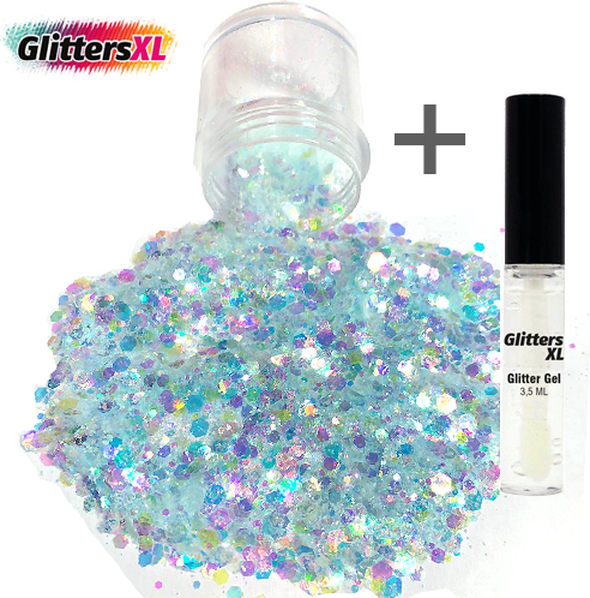 GlittersXL - Chunky Glitters (Lichtblauw) (Volume 8g) + Glitter Huid Lijm [Festival Makeup Gezicht Lichaam - Face Body Glitter - Biologisch afbreekbaar - Versiering Dames Volwassen Kinderen]